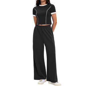 2 Piece Sets Crop Tops Wide Leg Pants Sets Matching Sweatsuit Black